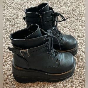 Demonia Shaker-52 Black Vegan Leather Platform Boots Chunky Combat Heeled
